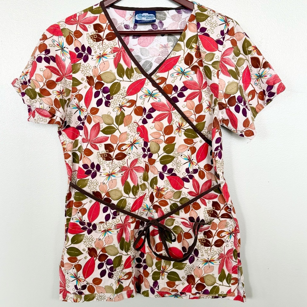 Comfy Cotton Scrubs Mock Wrap Top Small Floral Nature Dragonfly V-Neck - Small
